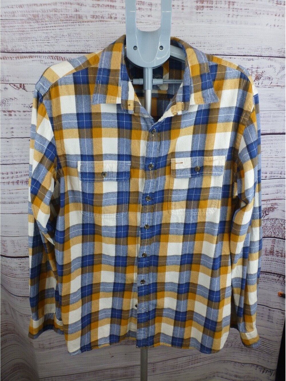Old Navy Vintage Flannel Shirt Men's XL Blue Gold White Plaid Regular Fit - K3A